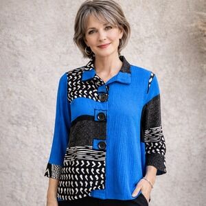 Ali Miles Blue Black Abstract Button Jacket Top Medium Artsy Work career luxury